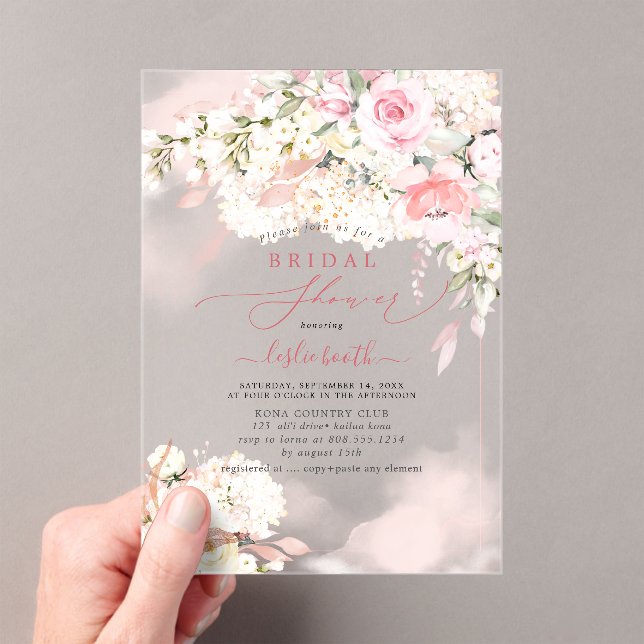 PixDezines H2 Blush Roses Hydrangea Bridal Shower Acrylic Invitations (Insitu (Handheld))