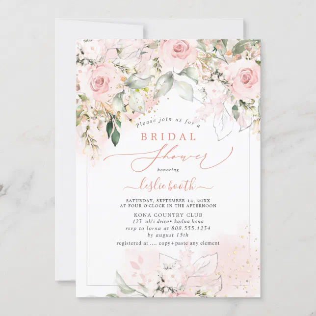 Pixdezines H2 Blush Roses Hydrangea Bridal Shower Invitation 