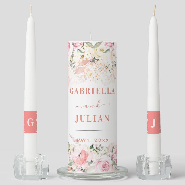 PixDEzines H2 Blush Roses Hydrangea Unity Candle Set (Front)
