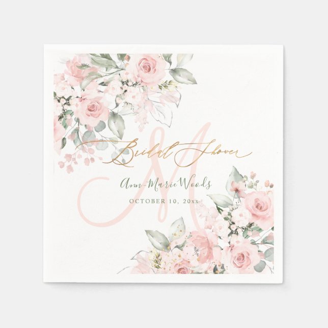 PixDezines H2 Blush Roses Monogram Bridal Shower Napkins (Front)
