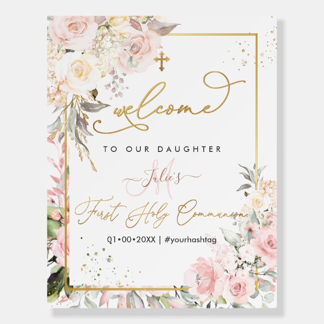 PixDezines H2 Blush Roses Welcome Holy Communion Foam Board (Front)
