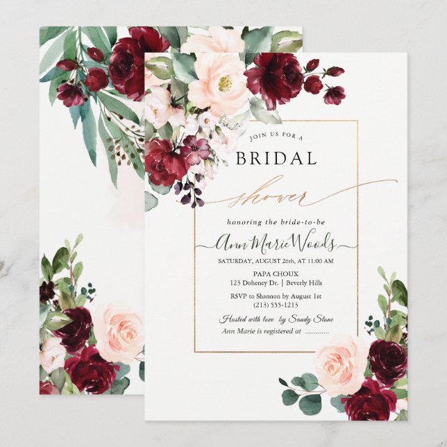 PixDezines H2 Burgundy Blush Bridal Shower Invitation (Front/Back)