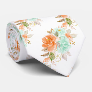 PixDezines H2 Coral Orange Green Roses Neck Tie