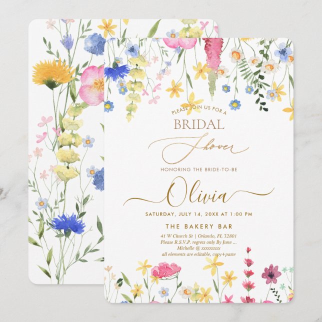 PixDezines H2 Delicate Wild Flowers Bridal Shower Invitation (Front/Back)