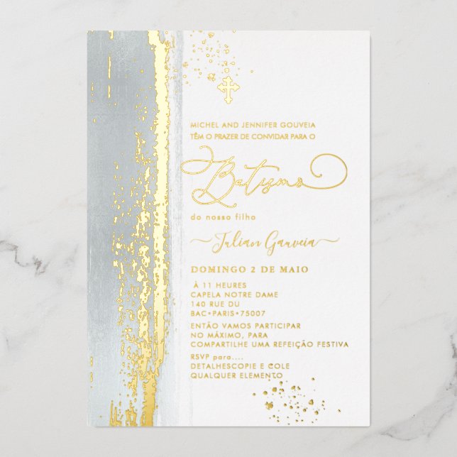 PixDezines H2  Dusty Blue Batismo Real Gold Foil I Invitation (Front)