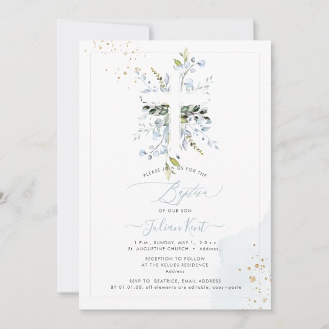 PixDezines H2 Dusty Blue Eucalyptus Baptism Invitation (Front)