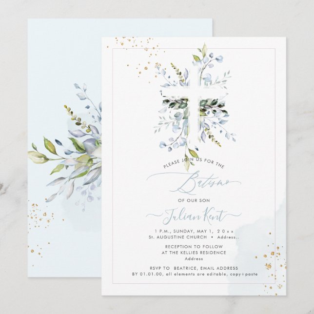 PixDezines H2 Dusty Blue Eucalyptus Batismo Invitation (Front/Back)