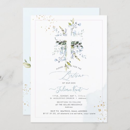 PixDezines H2 Dusty Blue Eucalyptus Batismo Invitation