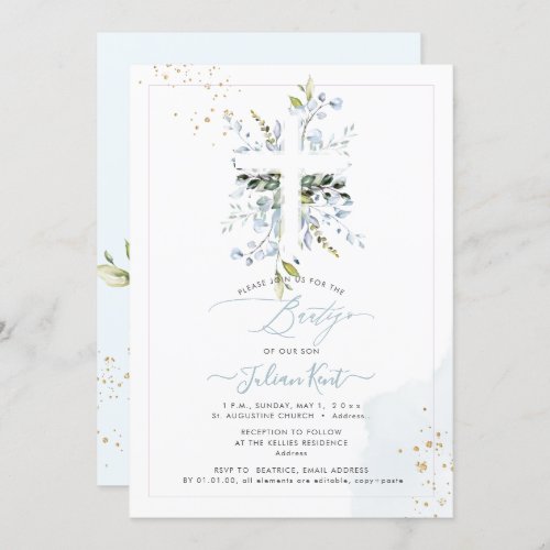 PixDezines H2 Dusty Blue Eucalyptus Bautizo Invitation