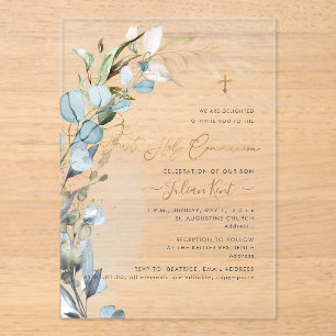 PixDezines H2 Dusty Blue Gum Foliage Communion Acrylic Invitations