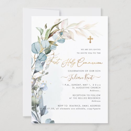 PixDezines H2 Dusty Blue Gum Foliage Communion  Invitation