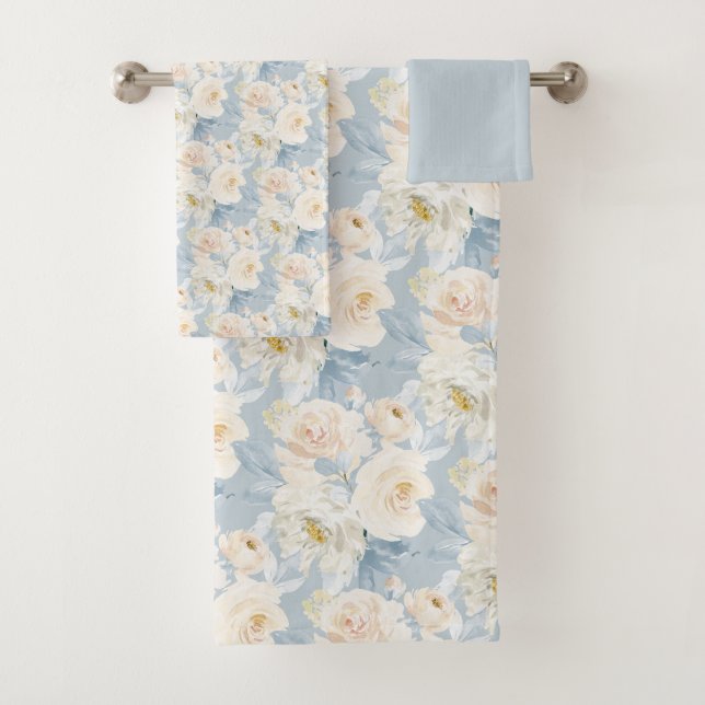 PixDezines H2 Dusty Blue Roses Bath Towel Set (Insitu)