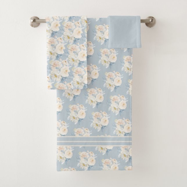 PixDezines H2 Dusty Blue Roses Bath Towel Set (Insitu)