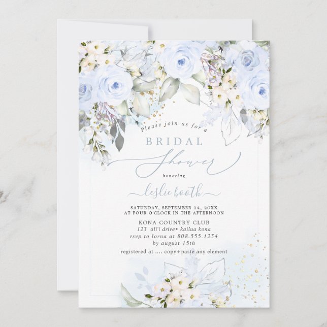 PixDezines H2 Dusty Blue Roses Bridal Shower Invitation (Front)