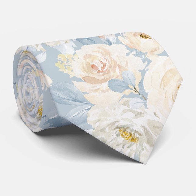 PixDezines H2 Dusty Blue Roses Neck Tie (Rolled)