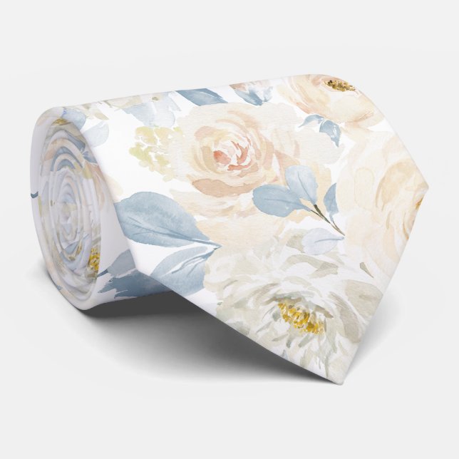 PixDezines H2 Dusty Blue Roses Neck Tie (Rolled)