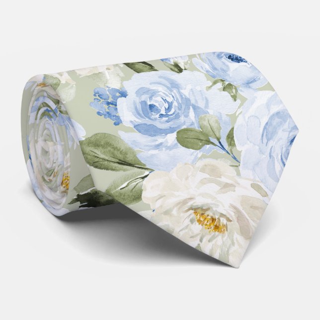 PixDezines H2 Dusty Blue Roses Neck Tie (Rolled)