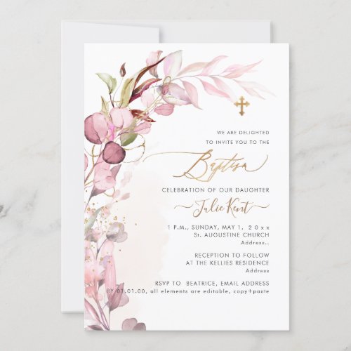 PixDezines H2 Dusty Blush Gum Foliage Baptism Invitation