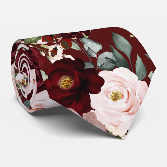 PixDezines H2 Dusty Pink Blush Burgundy Flowers Ne Neck Tie (Rolled)