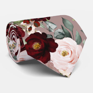 PixDezines H2 Dusty Pink Blush Burgundy Flowers Ne Neck Tie