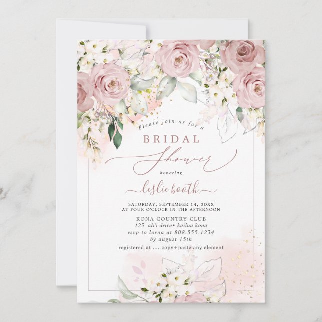 PixDezines H2 Dusty Pink Roses Bridal Shower Invitation (Front)