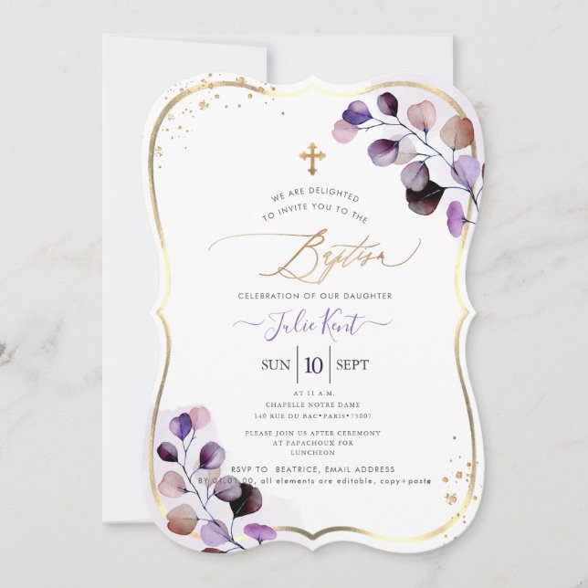 PixDezines H2 Dusty Purple Gum Eucalyptus Baptism  Invitation (Front)