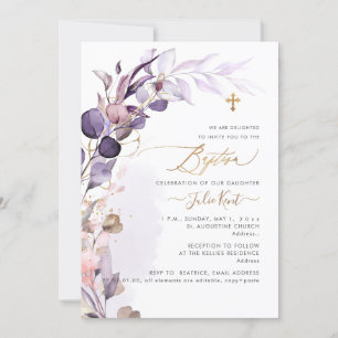 PixDezines H2 Dusty Purple Gum Foliage Baptism Invitation