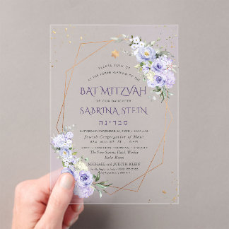 PixDezines H2 Dusty Purple Roses Bat Mitzvah Acrylic Invitations