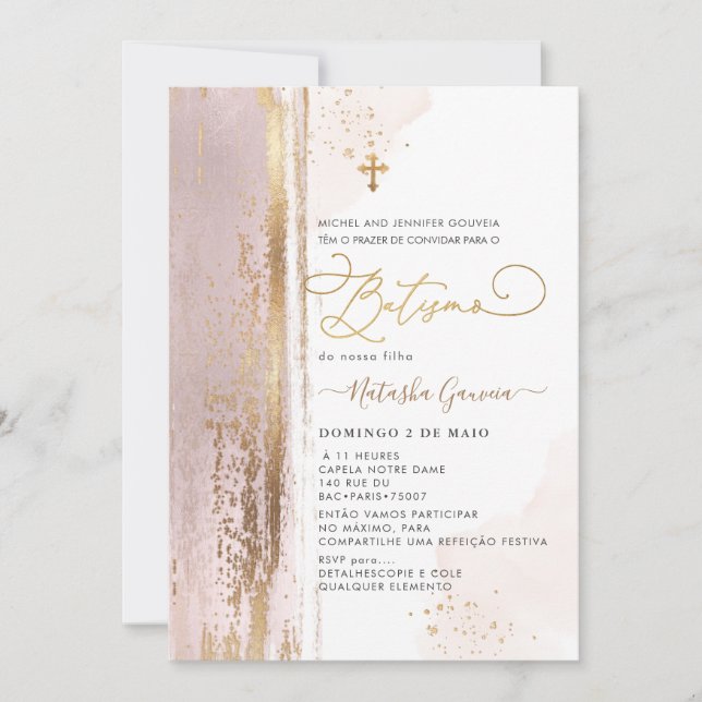 PixDezines H2  Dusty Rose Batismo Invitation (Front)