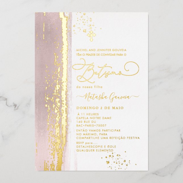 PixDezines H2  Dusty Rose Batismo Real Gold  Foil  Foil Invitation (Front)