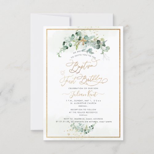 PixDezines H2 Eucalyptus Baptism First Birthday In Invitation