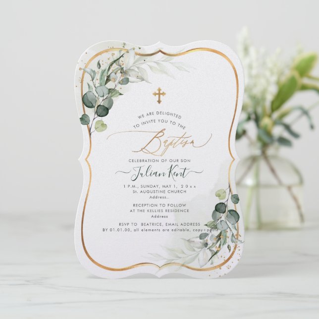 PixDezines H2 Eucalyptus Baptism Invitation (Standing Front)
