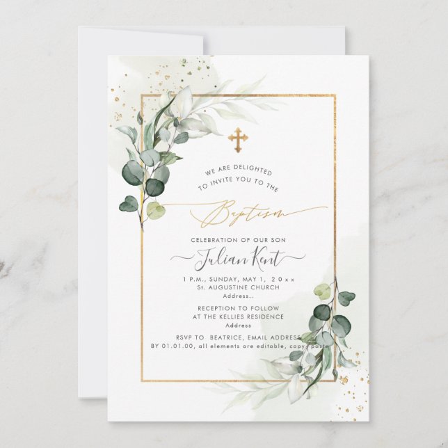 PixDezines H2 Eucalyptus Baptism  Invitation (Front)
