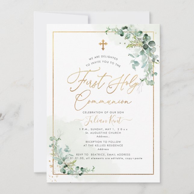 PixDezines H2 Eucalyptus First Holy Communion Invi Invitation (Front)
