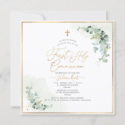 PixDezines H2 Eucalyptus First Holy Communion Invitation