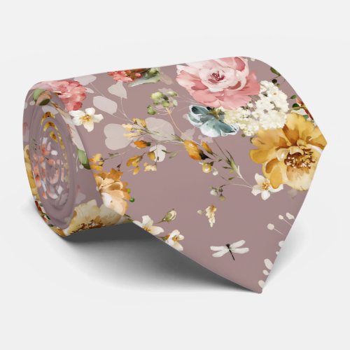 PixDezines H2 Fall Garden Flowers Dusty Rose Neck Tie