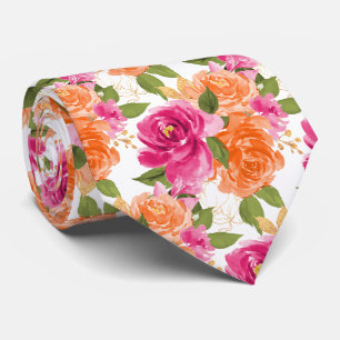 PixDezines H2 Flowers Hot Pink Orange Roses Neck Tie