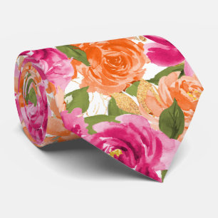PixDezines H2 Flowers Hot Pink Orange Roses Neck Tie