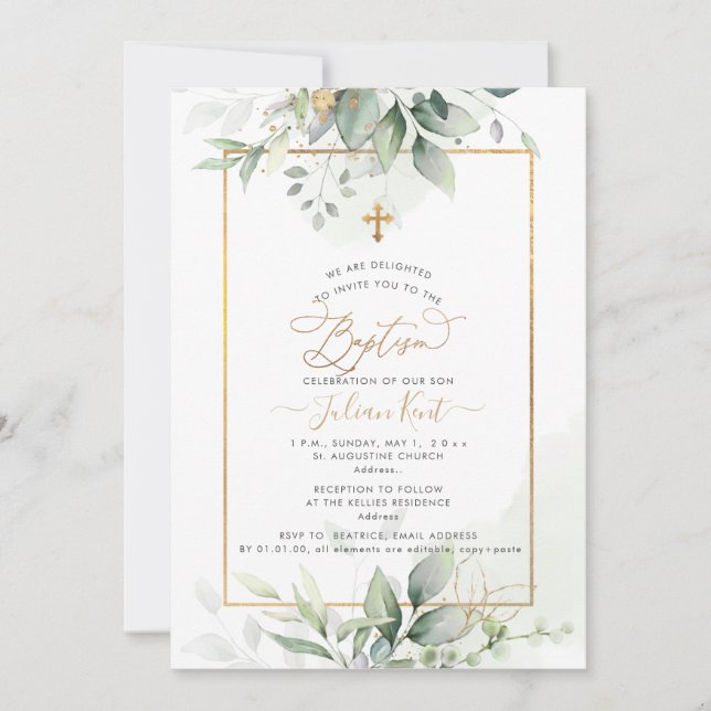 PixDezines H2 Green Gold Eucalyptus Baptism Invitation (Front)