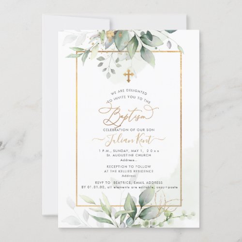 PixDezines H2 Green Gold Eucalyptus Baptism Invitation