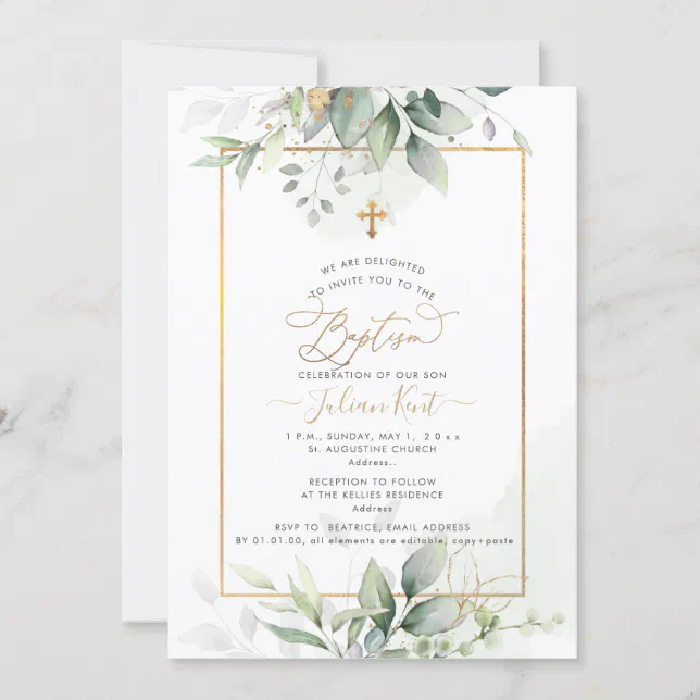 PixDezines H2 Green Gold Eucalyptus Baptism Invitation | Zazzle