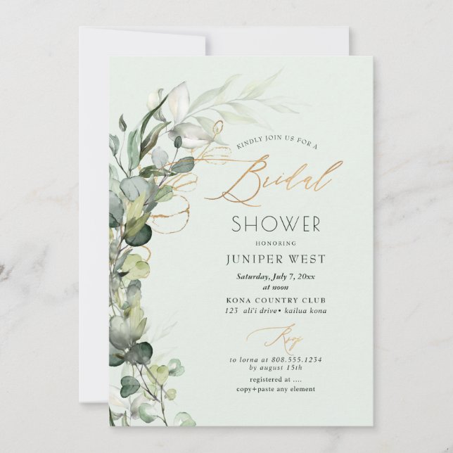 PixDezines H2 Green Gold Eucalyptus Bridal Shower Invitation (Front)