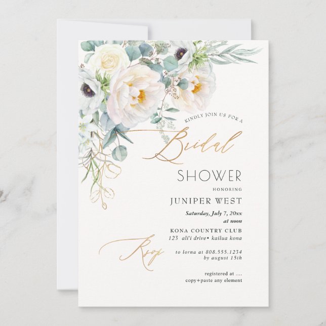 PixDezines H2 Green Gold Eucalyptus Bridal Shower Invitation (Front)