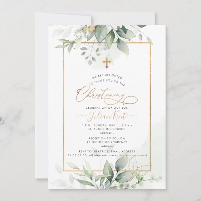 PixDezines H2 Green Gold Eucalyptus Christening Invitation (Front)