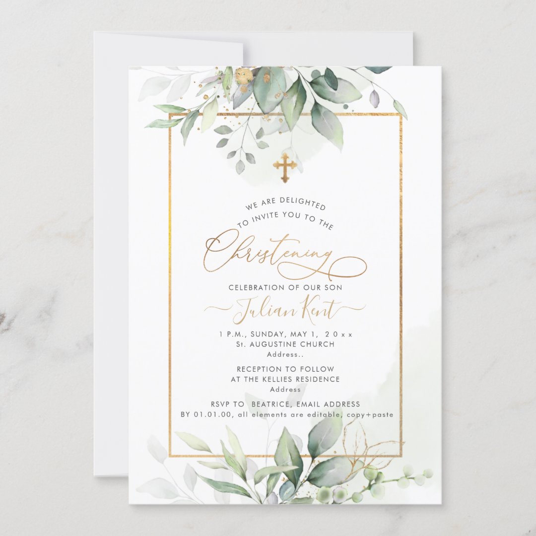 PixDezines H2 Green Gold Eucalyptus Christening Invitation | Zazzle