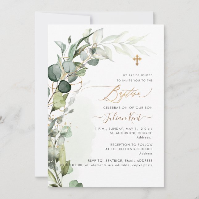 PixDezines H2 Greenery Gum Foliage First Baptism Invitation (Front)