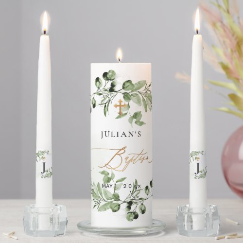 PixDezines H2 Greenery Gum Foliage First Baptism Unity Candle Set