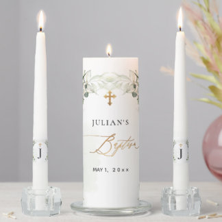 PixDezines H2 Greenery Gum Foliage First Baptism Unity Candle Set