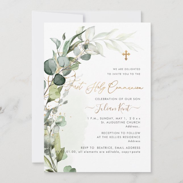 PixDezines H2 Greenery Gum Foliage First Commumion Invitation (Front)