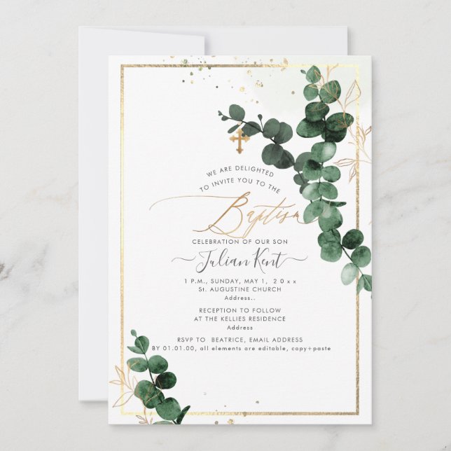 PixDezines H2 Gum Eucalyptus Baptism Invitation (Front)